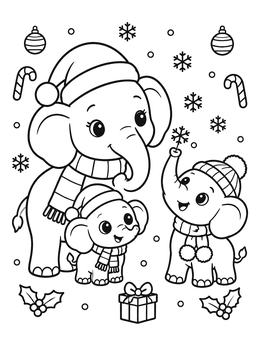 Free printable Cute Winter Elephants Celebrating Christmas coloring page