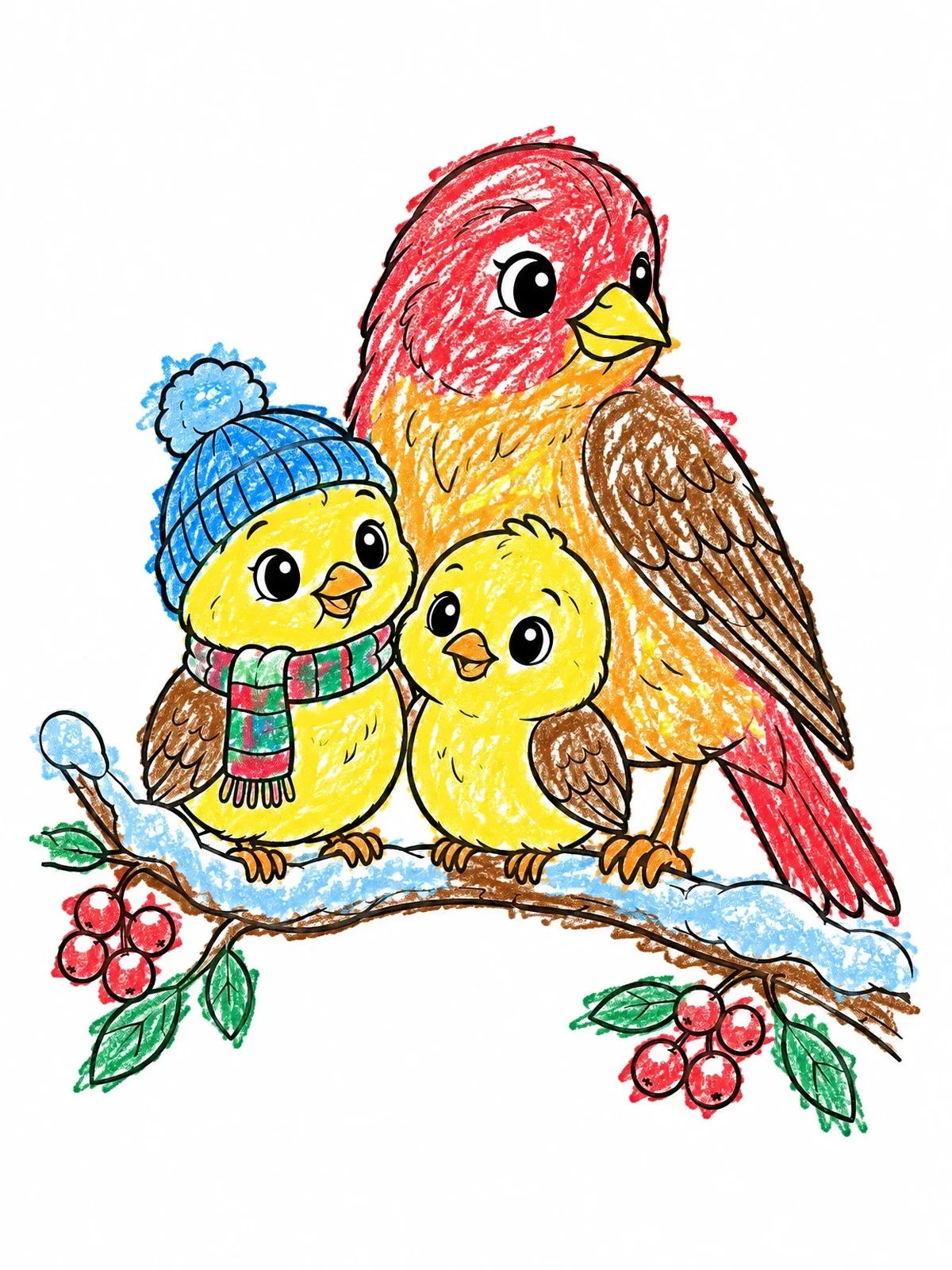 Colored example of the Finch Family In Winter coloring page