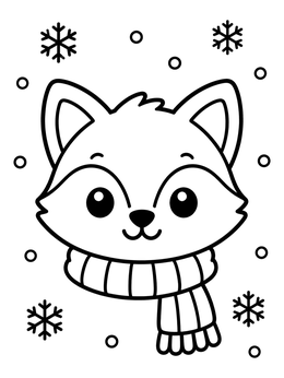 A cute winter fox coloring page surrounded by falling snowflakes.