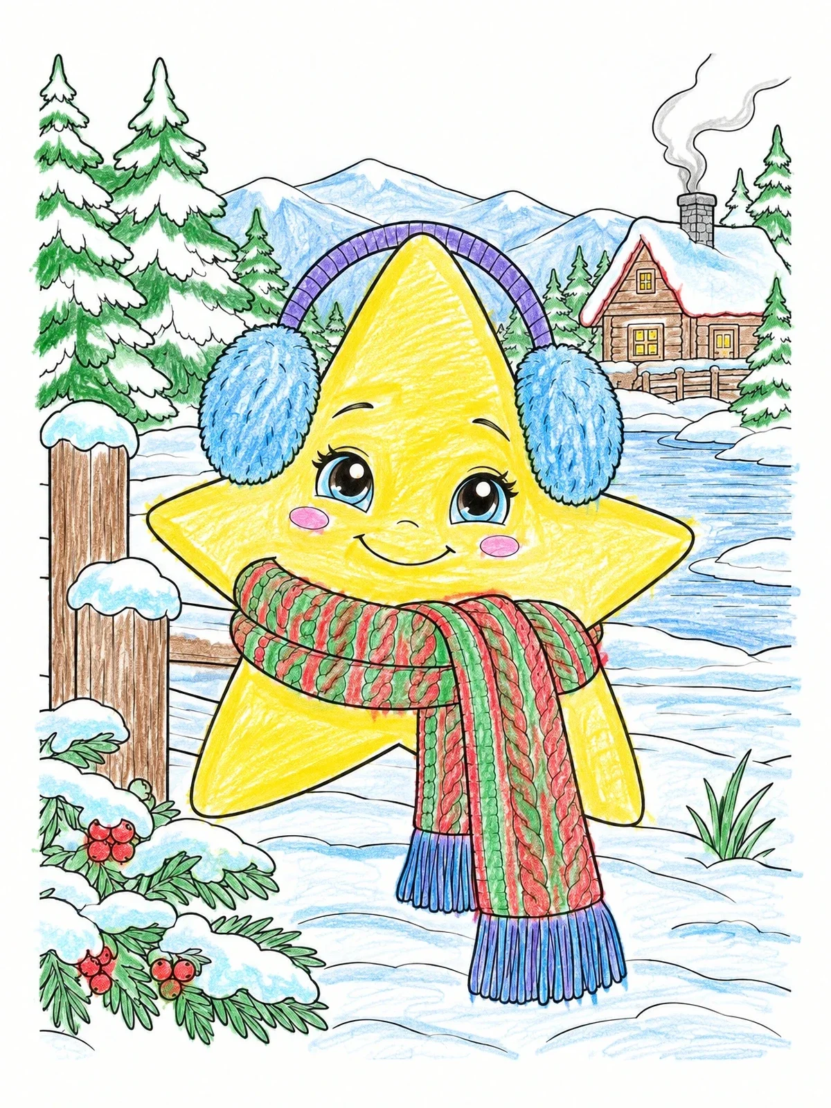 Colored example of the Cute Winter Star With Scarf coloring page