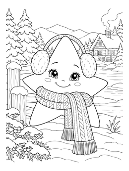 A cozy star coloring page featuring a smiling character wearing earmuffs and a warm winter scarf.
