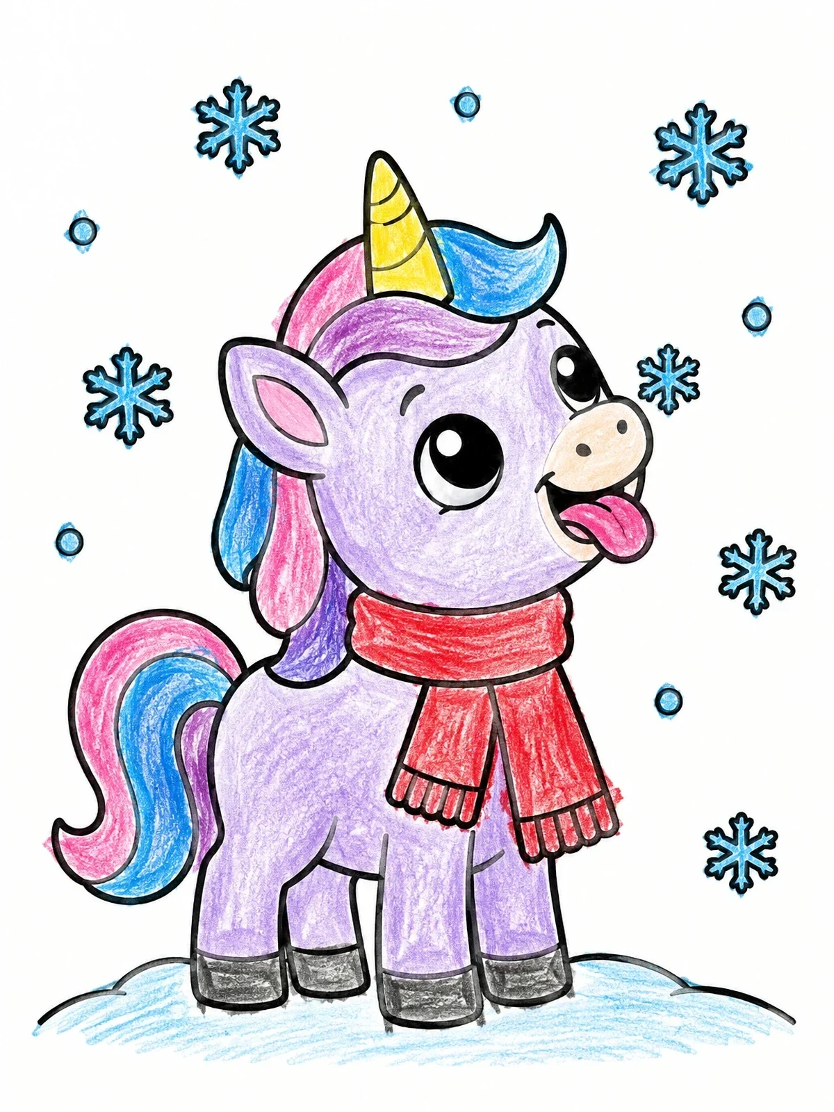 Colored example of the Cute Winter Unicorn Catching Snowflakes coloring page