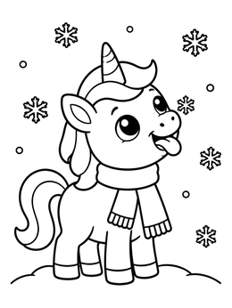 A cute winter unicorn coloring page showing a pony with a scarf catching falling snowflakes.