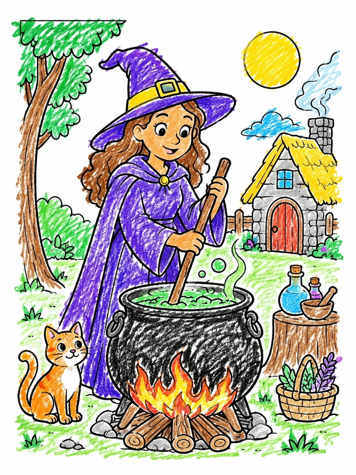 Colored example of the Cute Witch Brewing A Potion coloring page