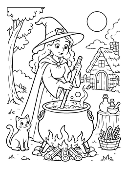A friendly witch stirs a bubbling cauldron in this witch coloring page with her cute cat nearby.