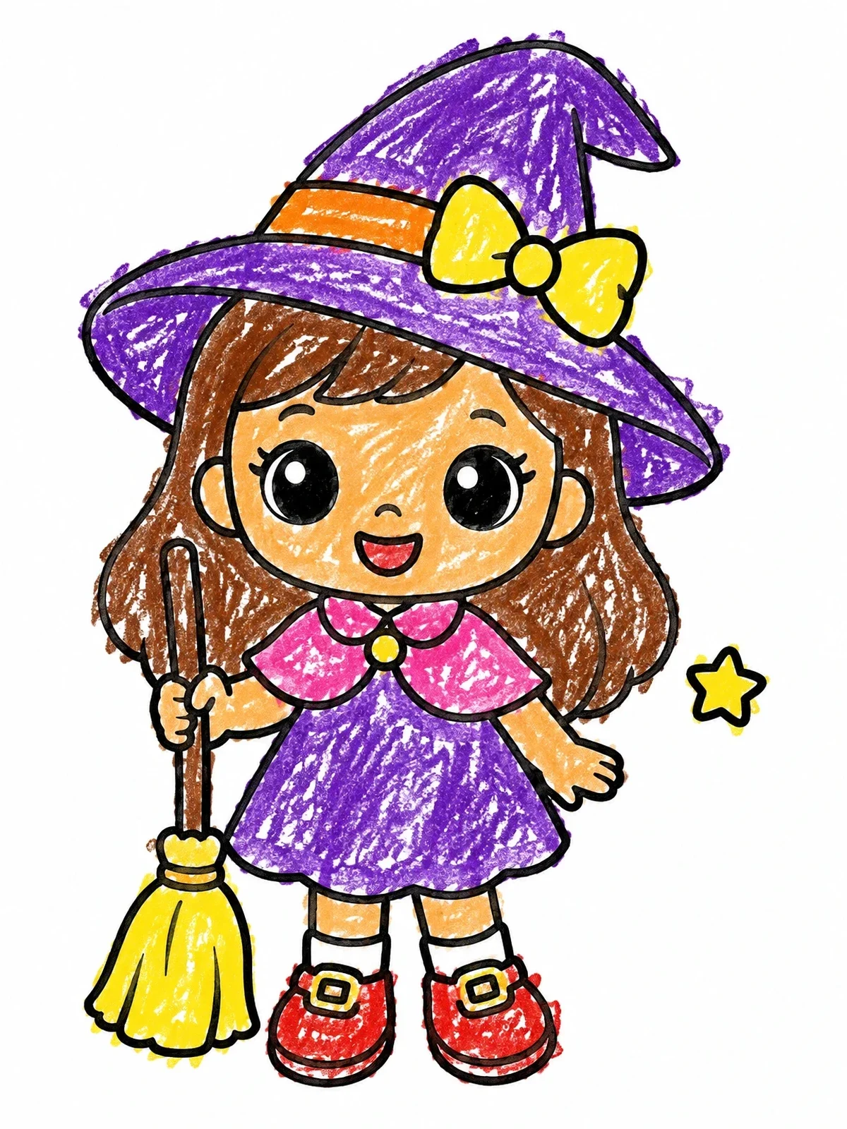 Colored example of the Cute Witch Doll With Broom coloring page