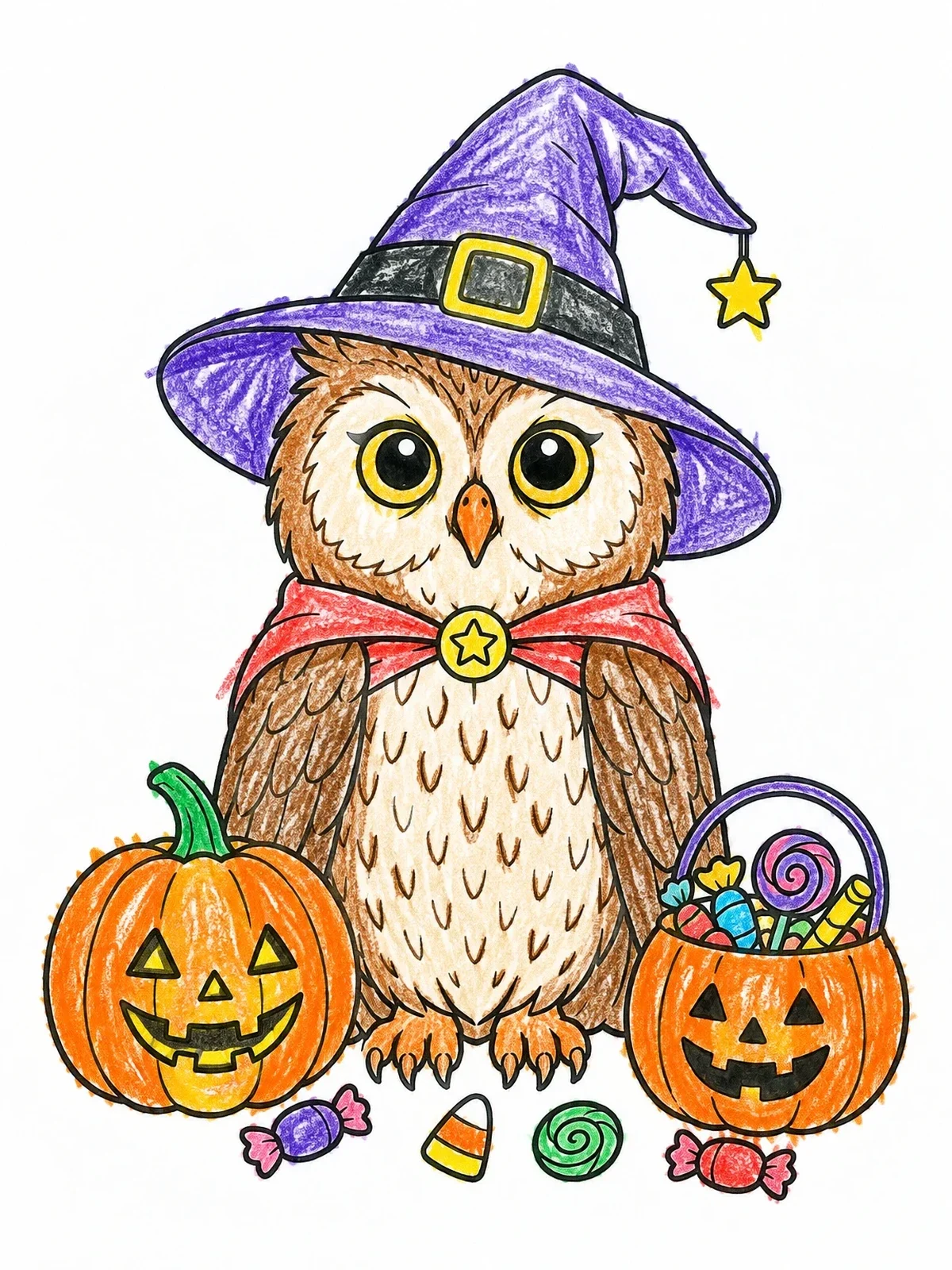Colored example of the Cute Witch Owl With Jack O' Lanterns coloring page