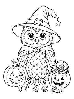 Free printable Cute Witch Owl With Jack O' Lanterns coloring page