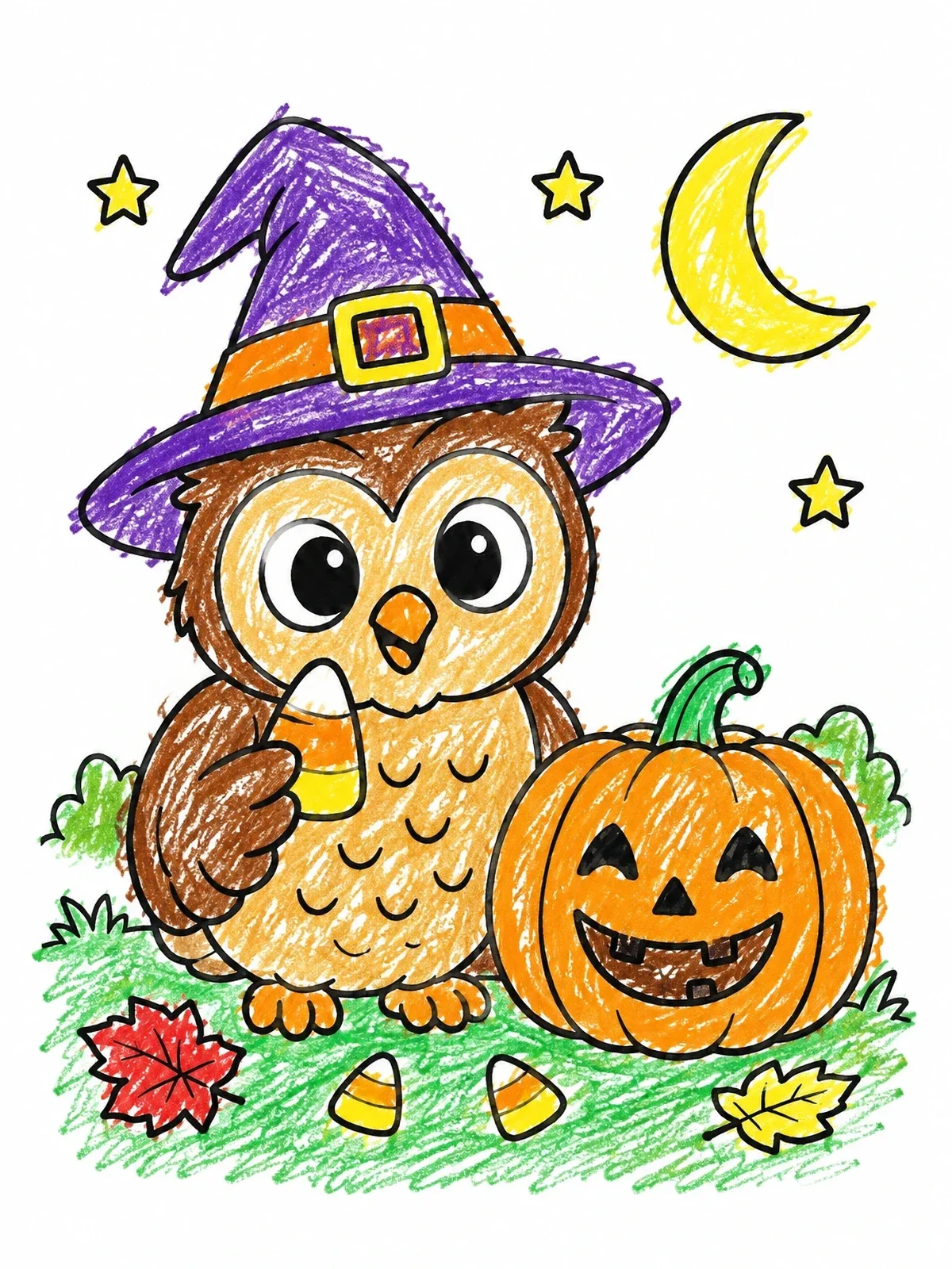 Colored example of the Cute Witch Owl With Pumpkin coloring page