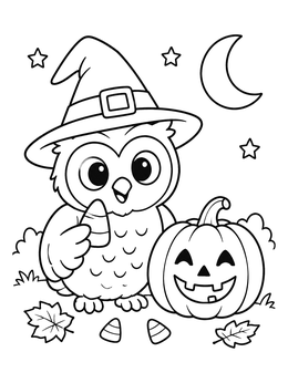 Free printable Cute Witch Owl With Pumpkin coloring page