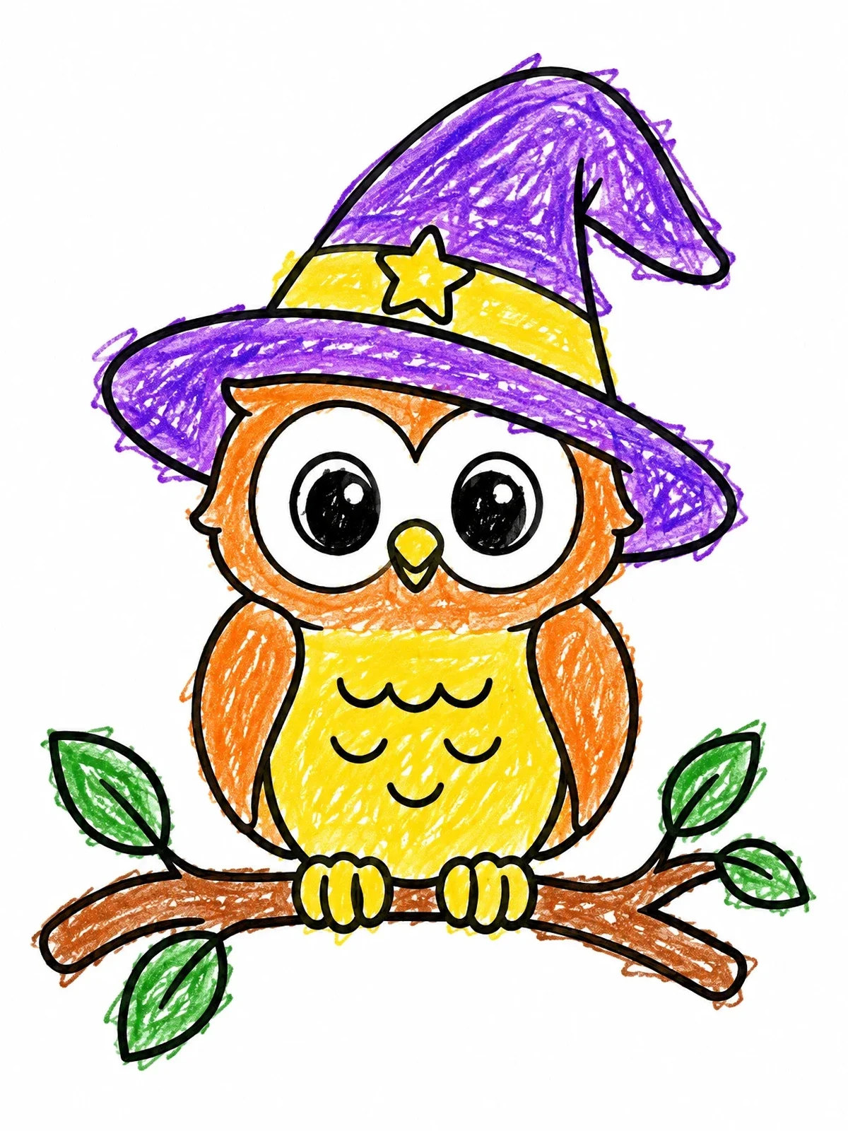 Colored example of the Cute Wizard Owl On A Branch coloring page