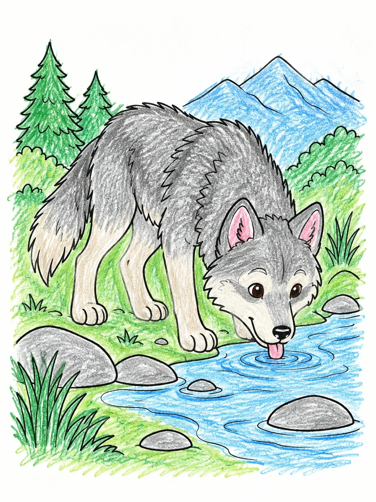 Colored example of the Cute Wolf Drinking From Stream coloring page