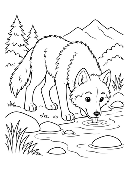 Free printable Cute Wolf Drinking From Stream coloring page