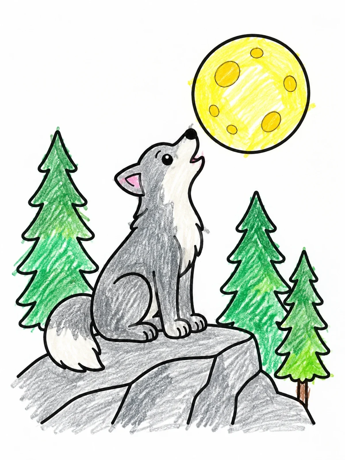 Colored example of the Cute Wolf Pup Howling At The Moon coloring page