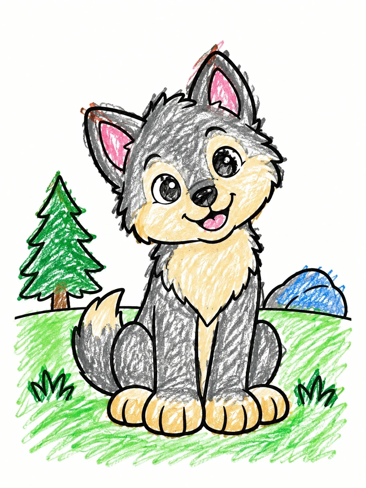 Colored example of the Cute Wolf Pup In Nature coloring page
