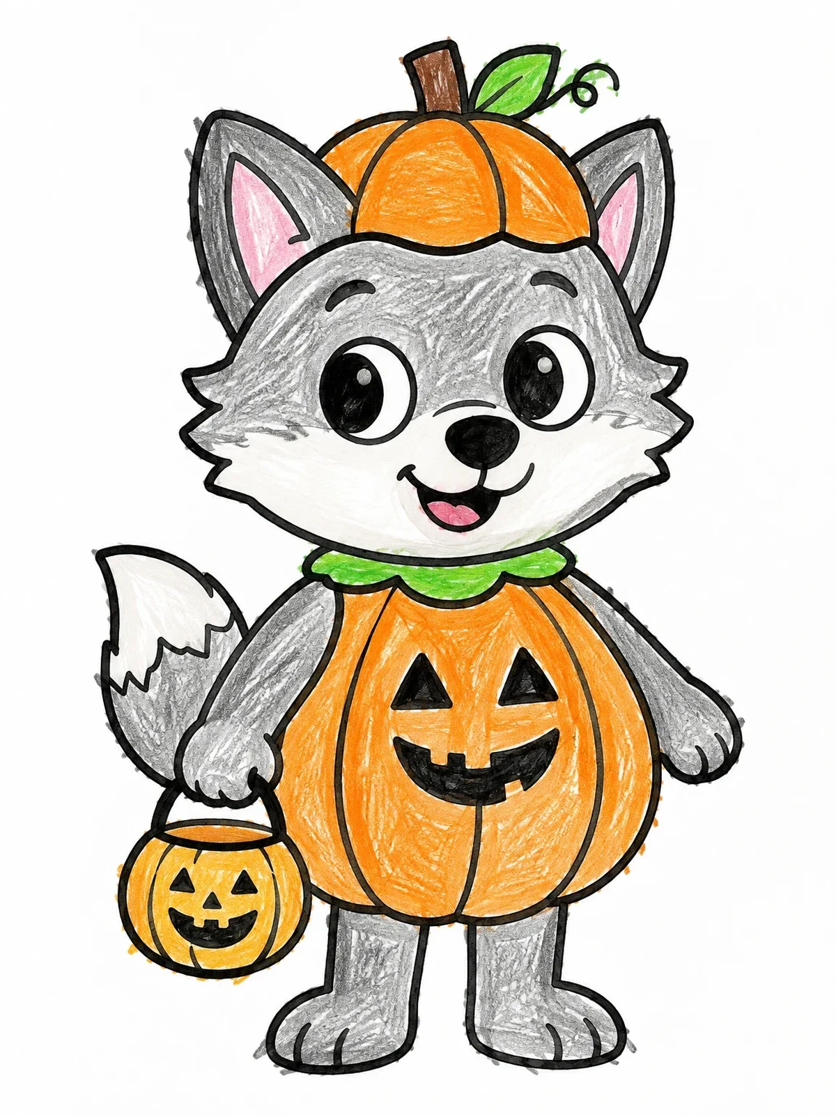 Colored example of the Cute Wolf Pup In Pumpkin Costume coloring page