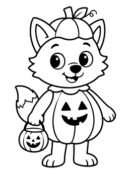A cheerful pup in costume stars in this wolf coloring page holding a candy pail.