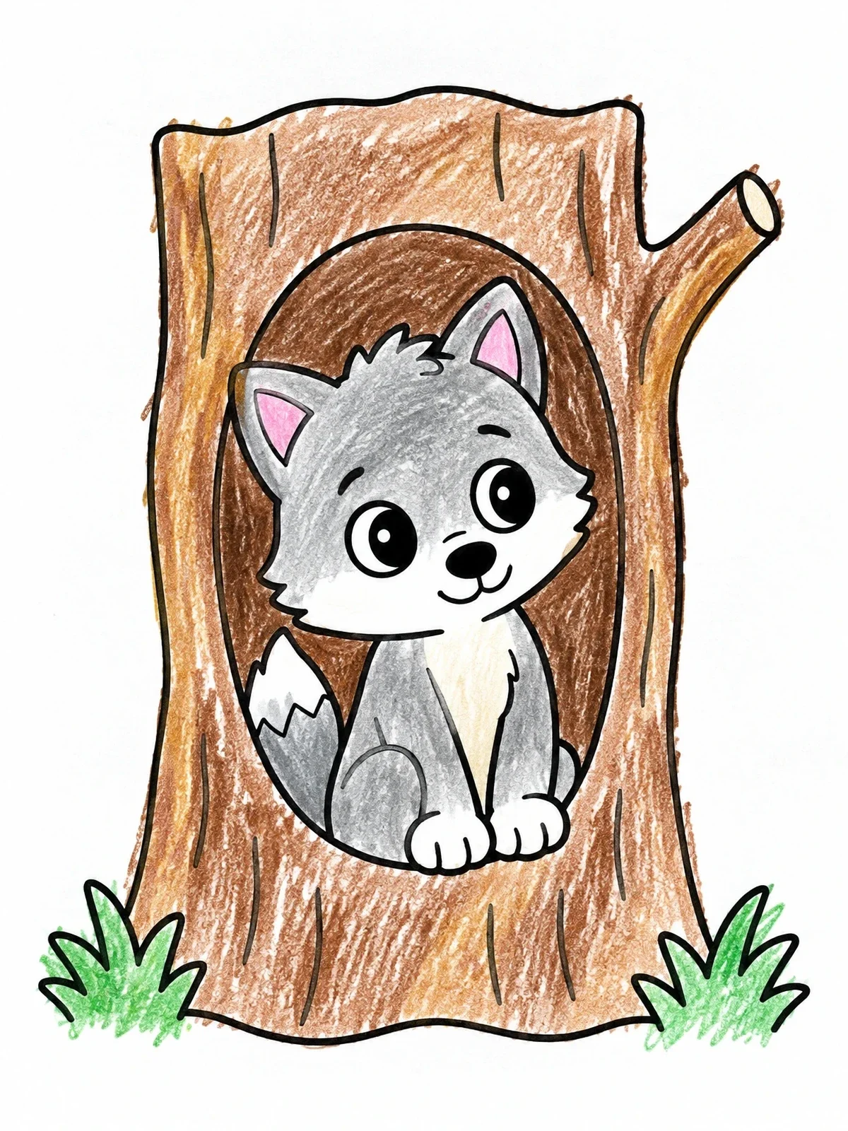 Colored example of the Cute Wolf Pup In Tree Trunk coloring page