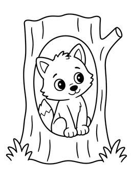 An adorable wolf pup sitting inside a hollow tree trunk on this fun wolf coloring page.