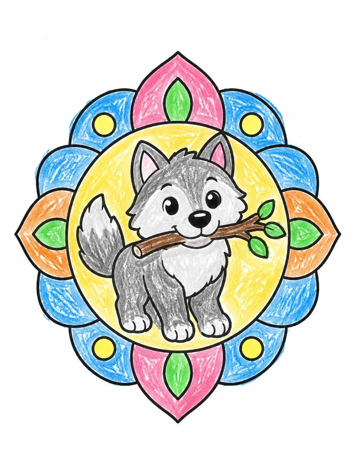 Colored example of the Cute Wolf Pup With Branch coloring page