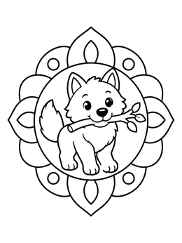 A playful little cub holding a twig in this sweet wolf coloring page framed by petals.