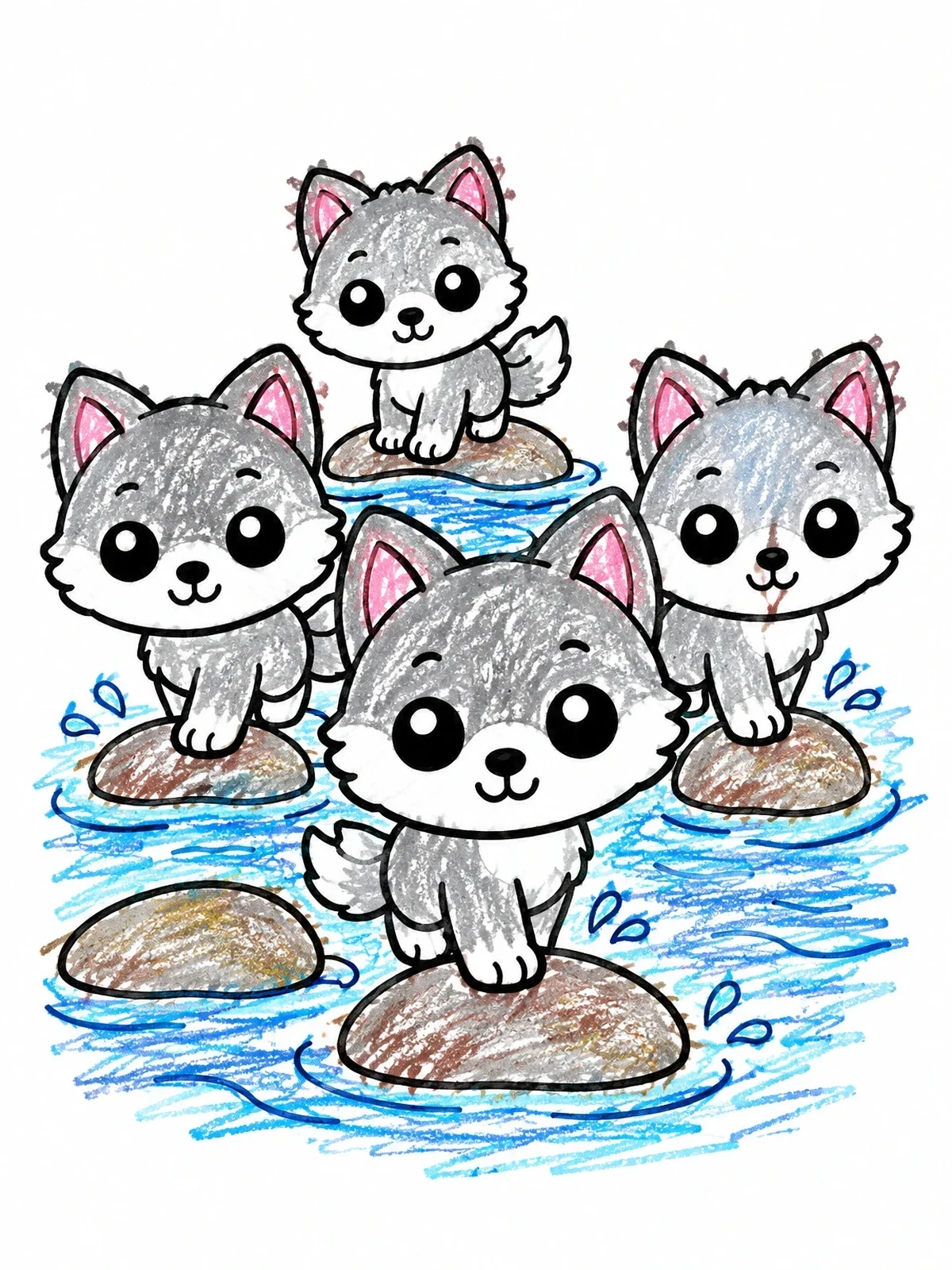 Colored example of the Cute Wolf Pups Crossing Stream coloring page