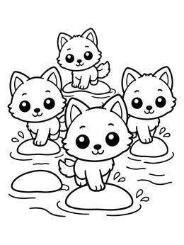 Four adorable wolf pups hopping across river stones in this wolf coloring page.