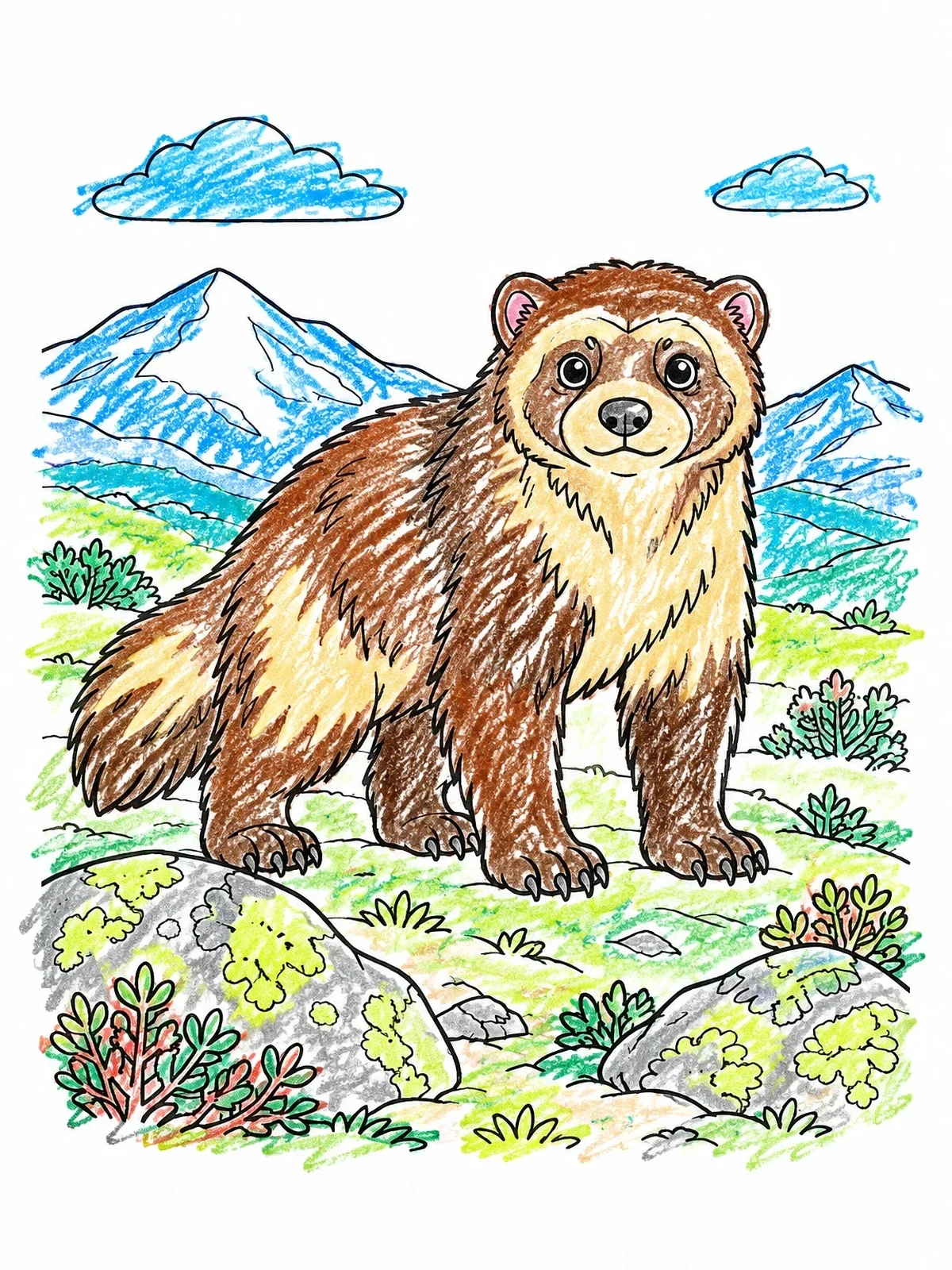 Colored example of the Cute Wolverine In The Alpine Tundra coloring page