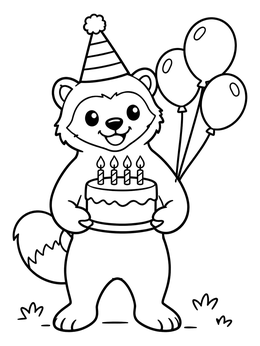 A cheerful cartoon wolverine coloring page featuring a birthday cake and balloons.