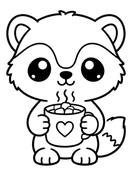 A cute cartoon wolverine coloring page holding a steaming mug of hot cocoa.