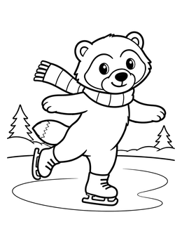 A cheerful wolverine coloring page featuring the animal ice skating in a scarf.