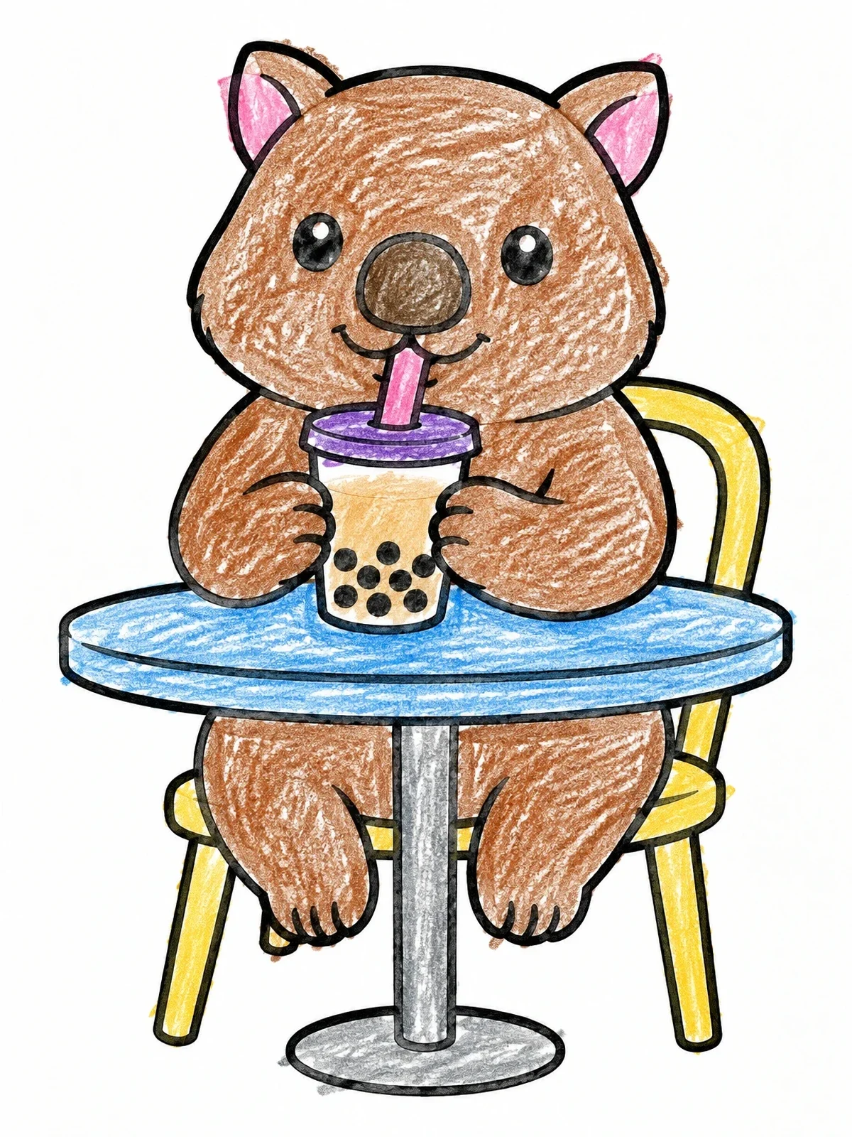 Colored example of the Cute Wombat Drinking Bubble Tea coloring page