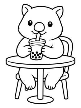 A cute wombat coloring page showing the animal sipping bubble tea at a cafe table.