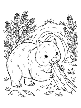 A fluffy creature chews on wood in this cute wombat coloring page.