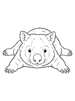 A wombat coloring page showing the animal lying flat on its belly with outstretched paws.