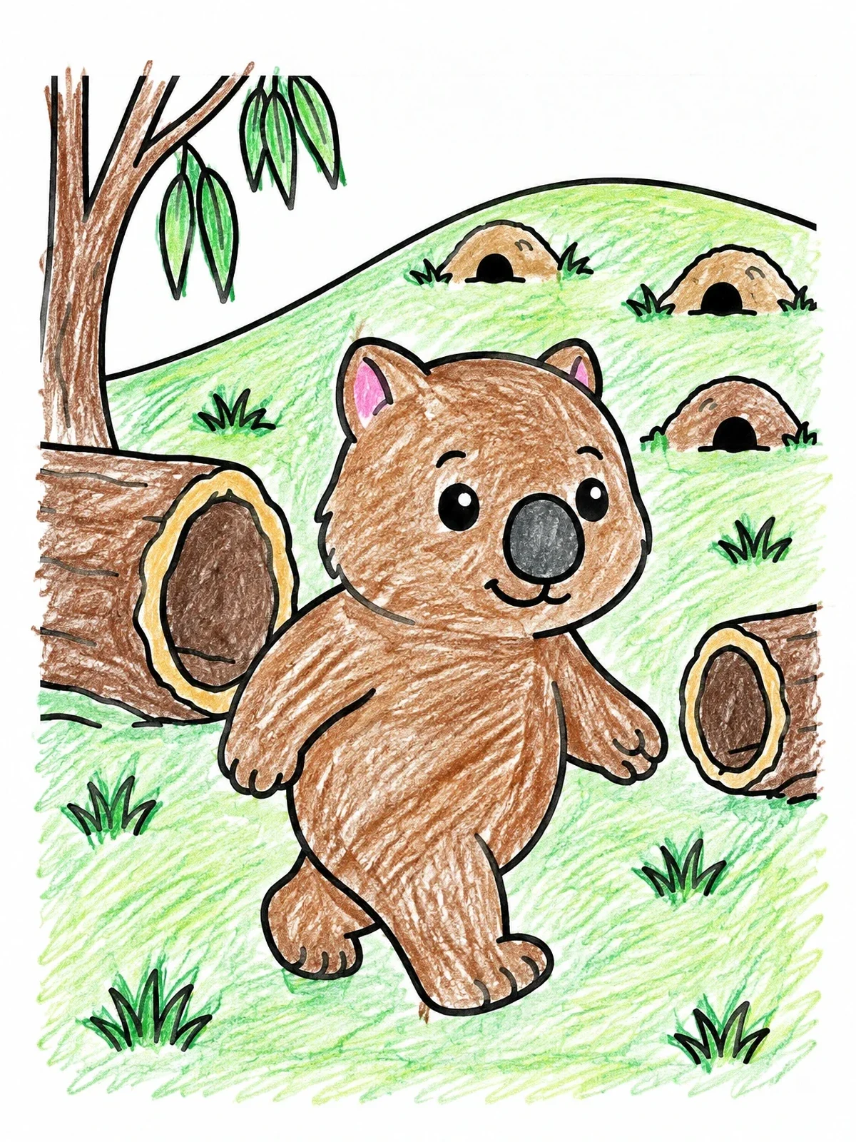 Colored example of the Cute Wombat Walking In The Woods coloring page