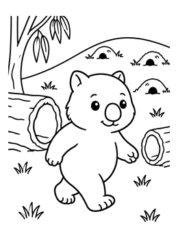 A friendly wombat coloring page showing a cartoon animal strolling past hollow logs and burrows.