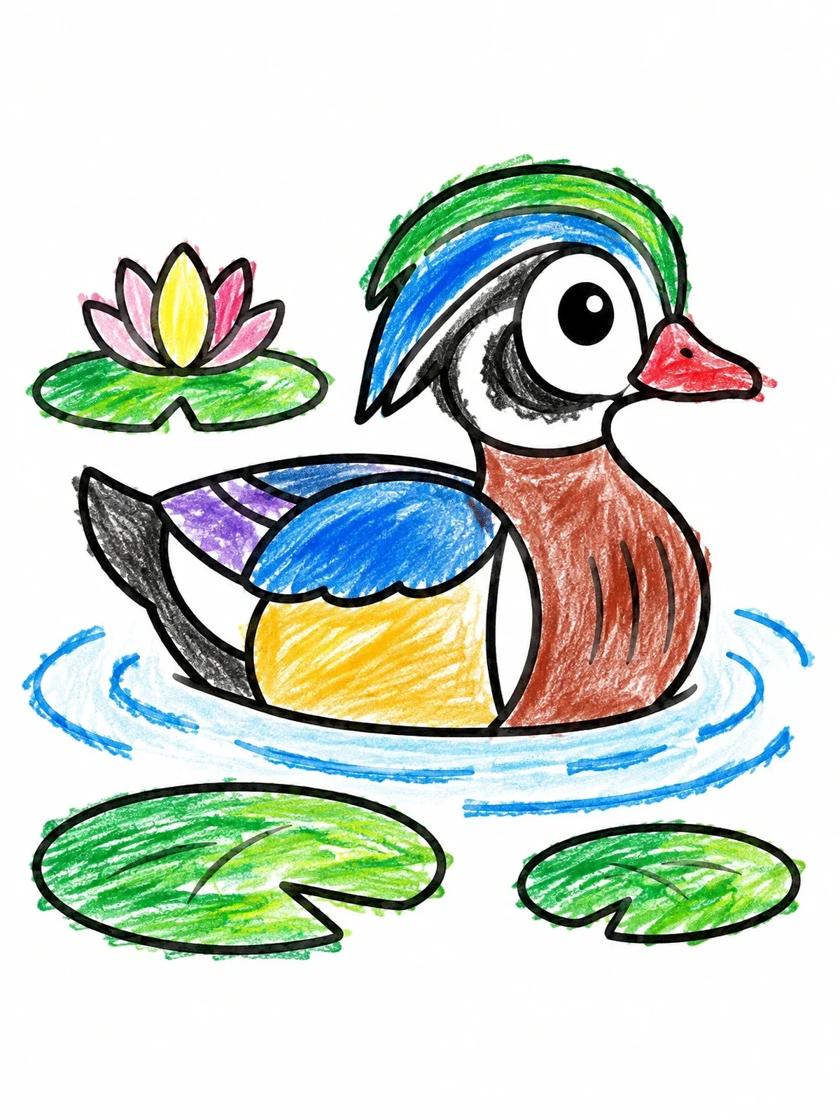 Colored example of the Cute Wood Duck On Pond coloring page