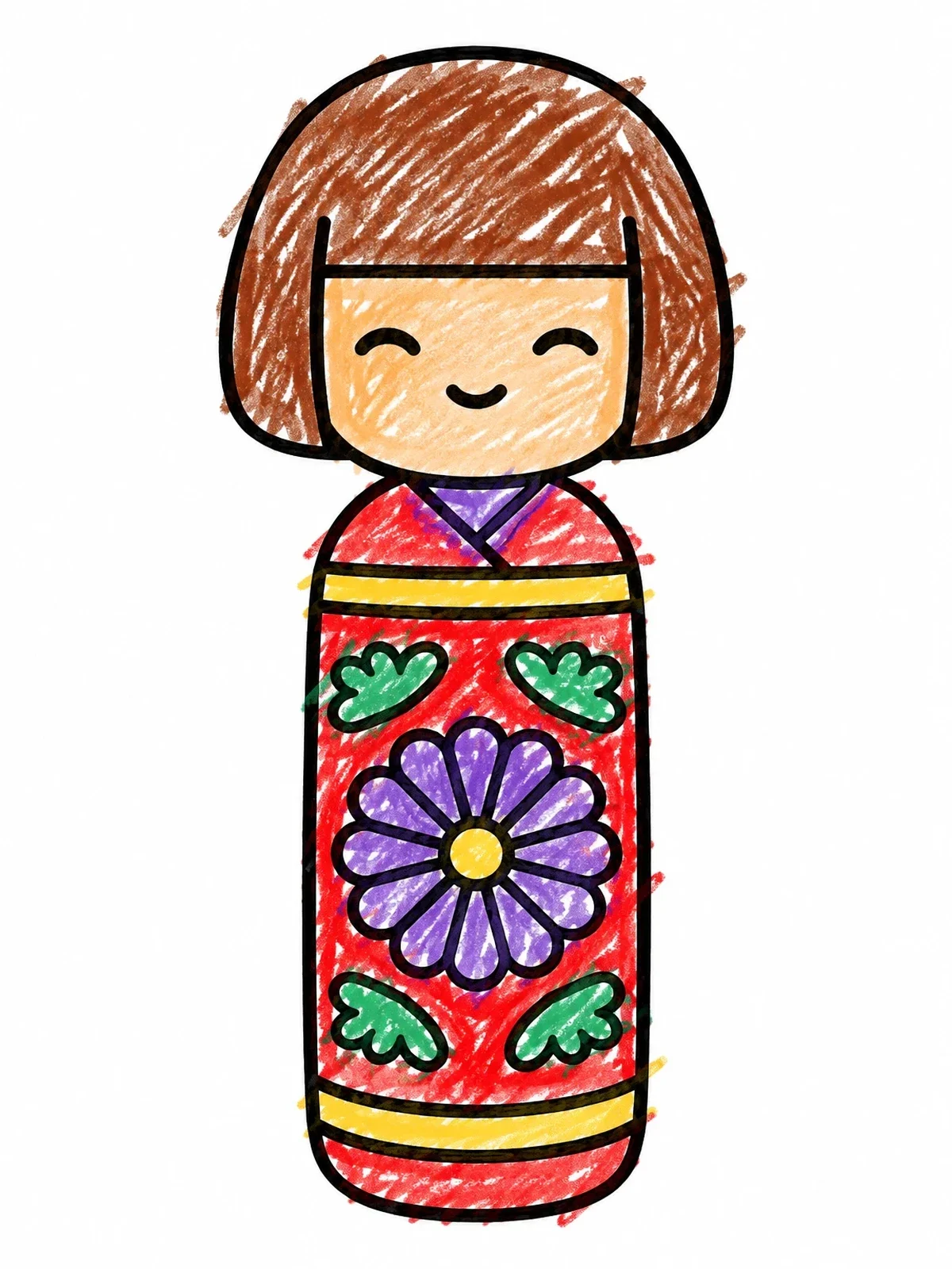 Colored example of the Cute Wooden Kokeshi Doll coloring page