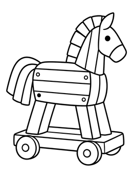 Free printable Cute Wooden Trojan Horse On Wheels coloring page