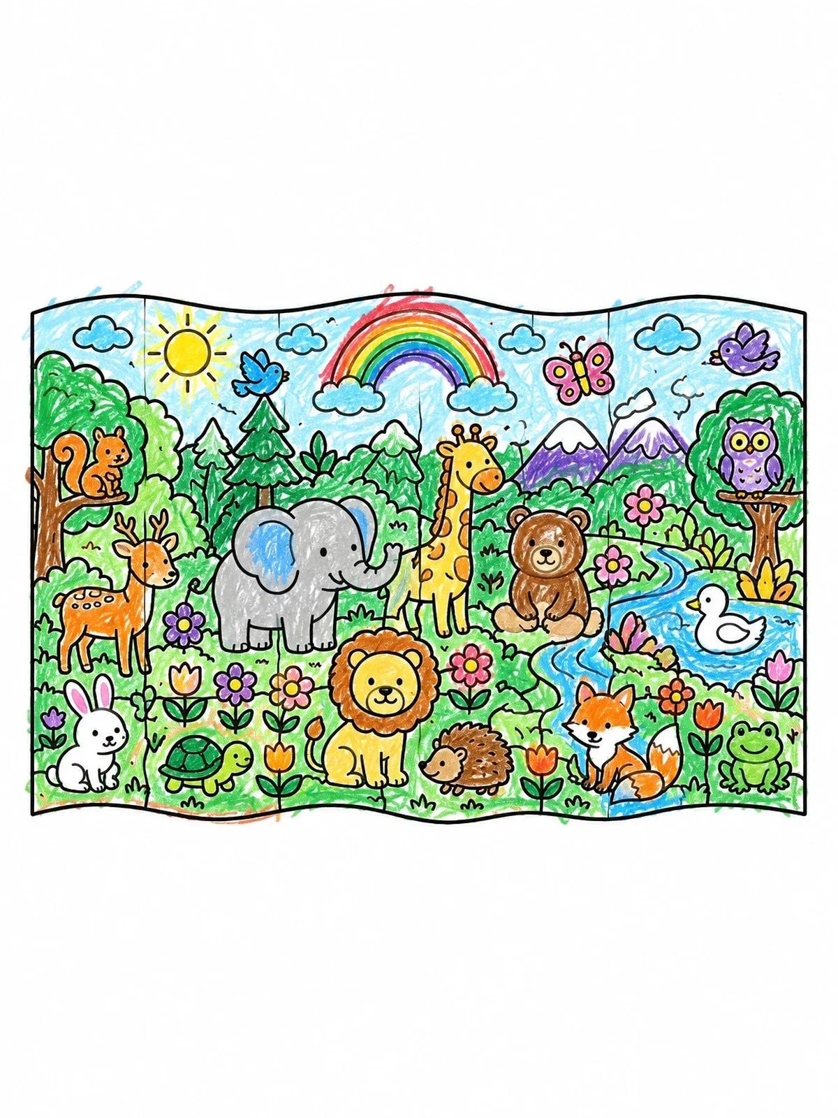 Colored example of the Cute Woodland And Safari Animal Mural coloring page