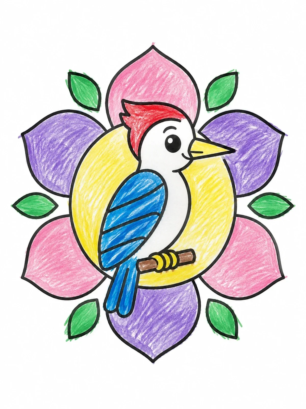 Colored example of the Cute Woodpecker Floral Mandala coloring page