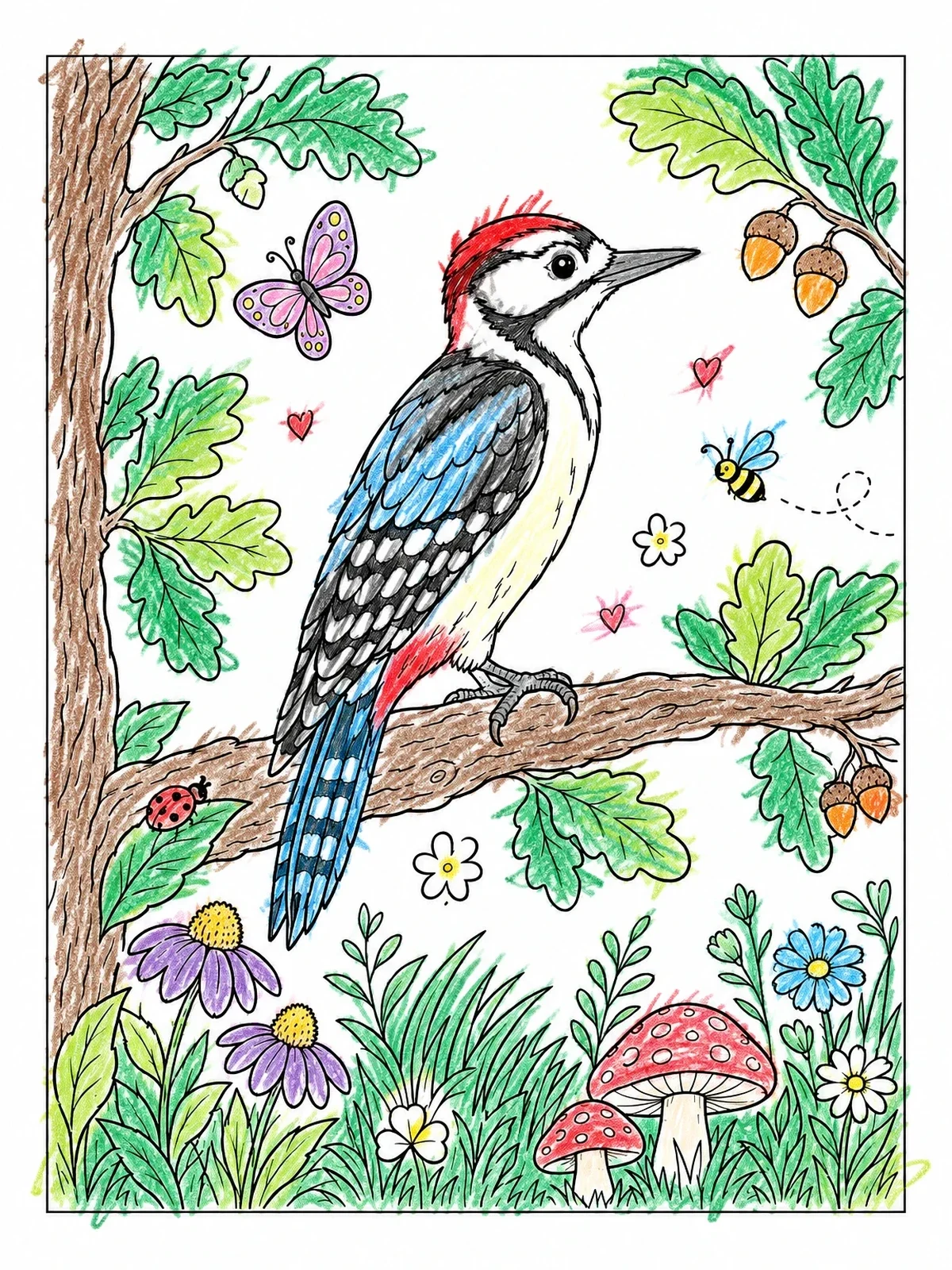 Colored example of the Cute Woodpecker On Oak Branch coloring page