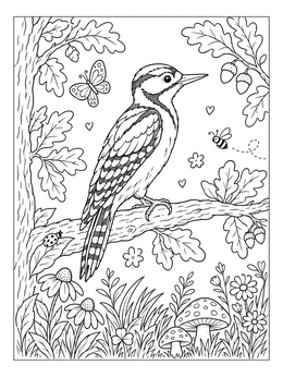 Free printable Cute Woodpecker On Oak Branch coloring page
