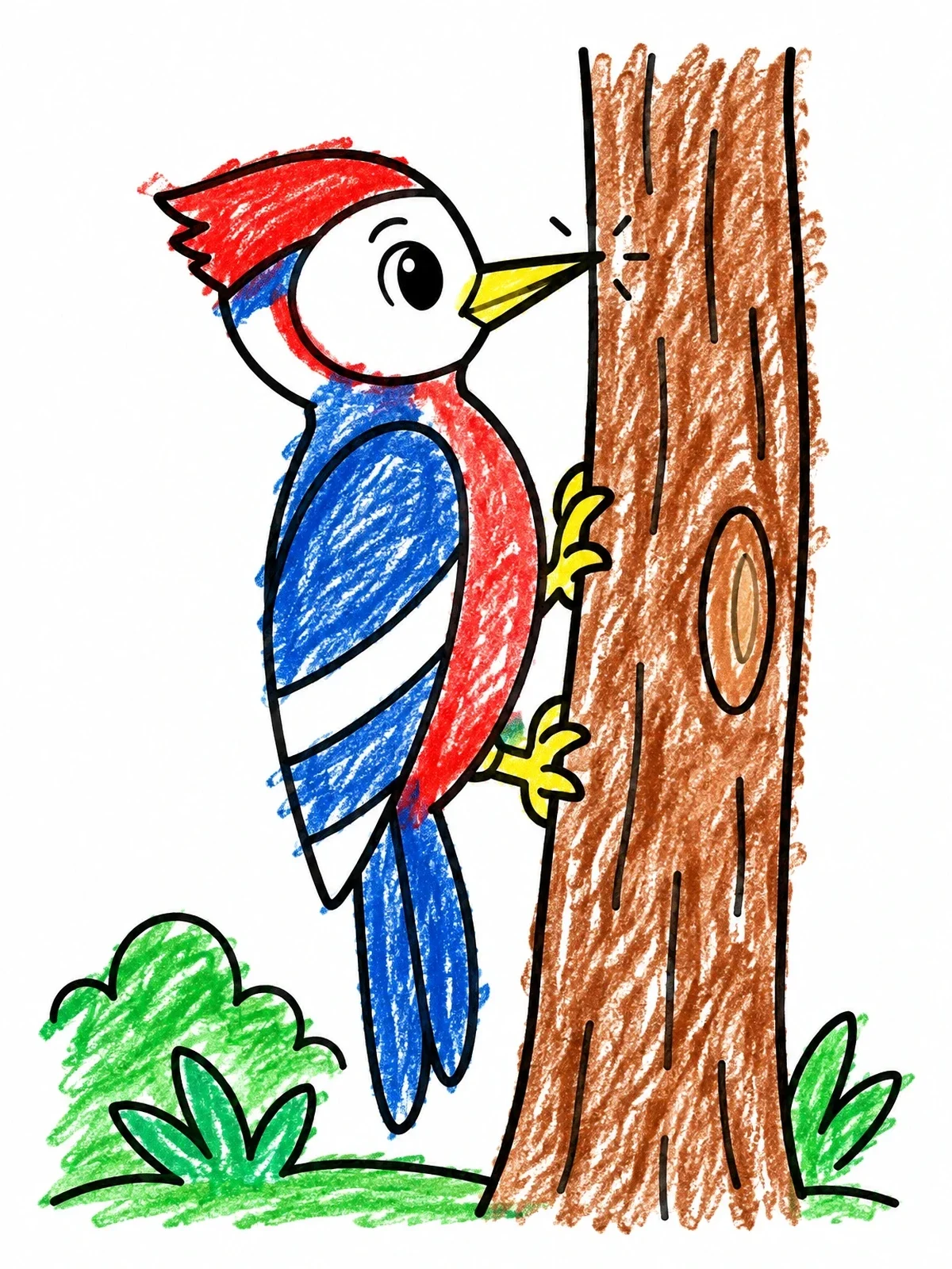 Colored example of the Cute Woodpecker Pecking On Tree coloring page
