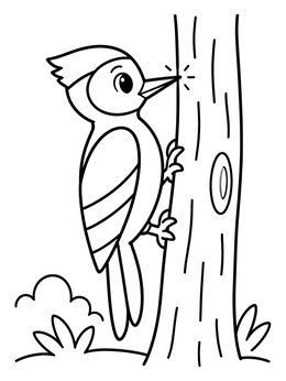 Free printable Cute Woodpecker Pecking On Tree coloring page
