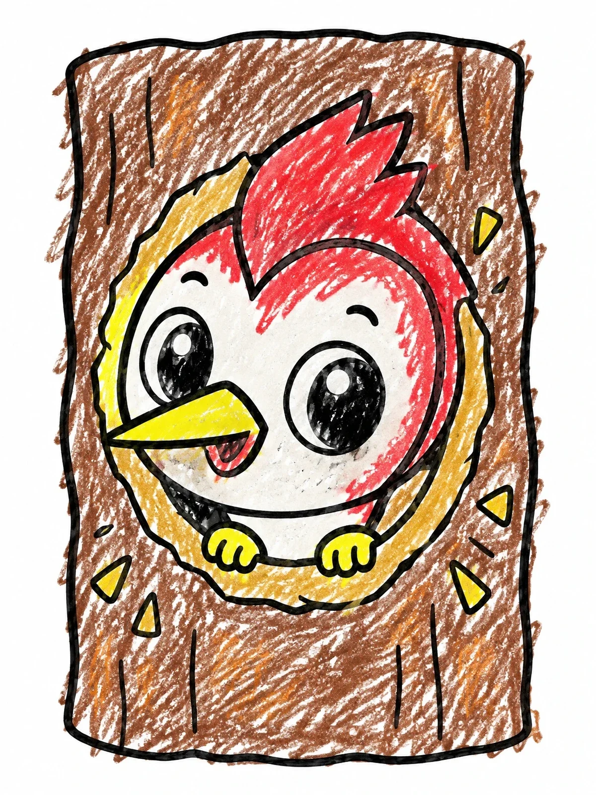 Colored example of the Cute Woodpecker Peeking From Tree Hollow coloring page