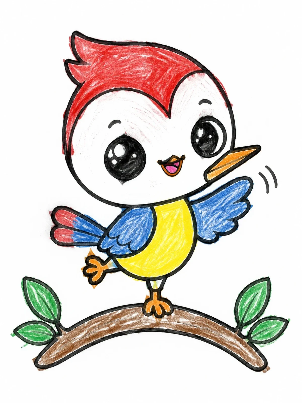 Colored example of the Cute Woodpecker Waving On Branch coloring page