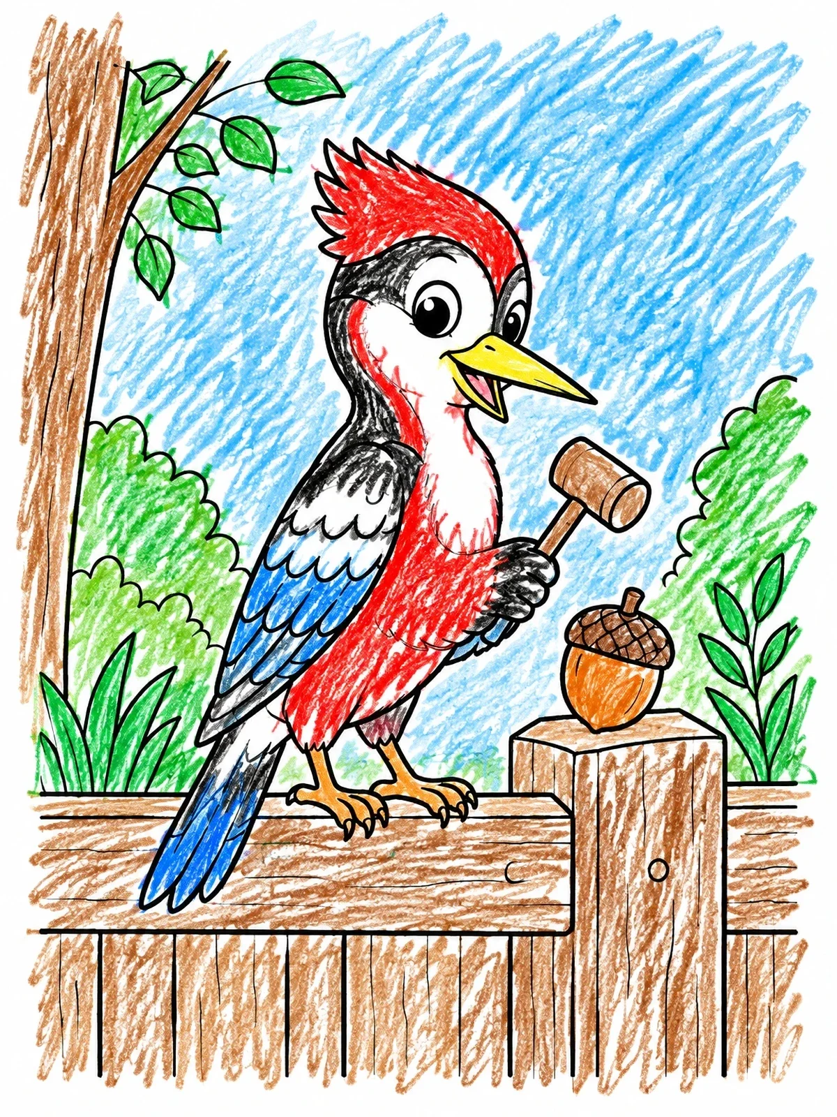 Colored example of the Cute Woodpecker With Mallet On Fence coloring page