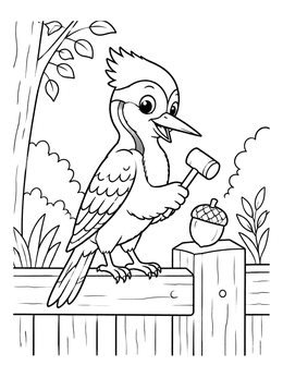 Free printable Cute Woodpecker With Mallet On Fence coloring page